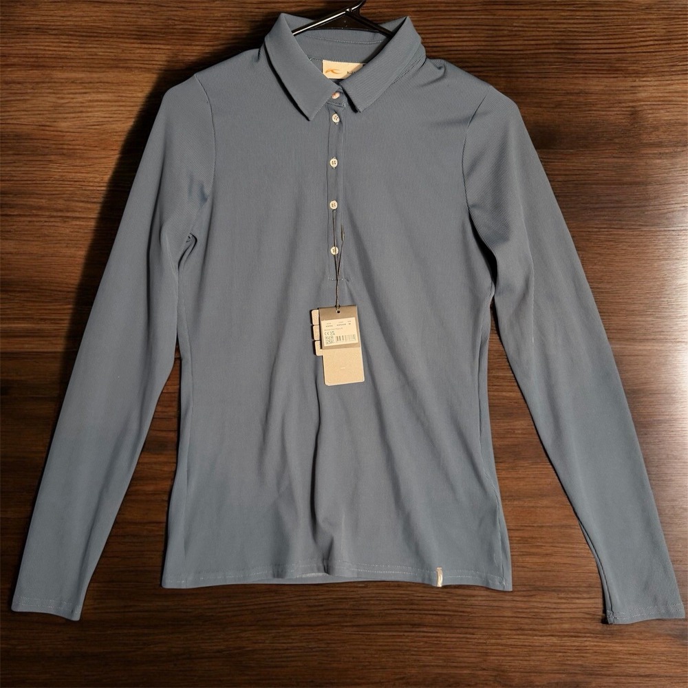 NWT Kjus Celin Putty Blue Ribbed Sport Fit Long Sleeve Golf Polo Shirt Size 36 S